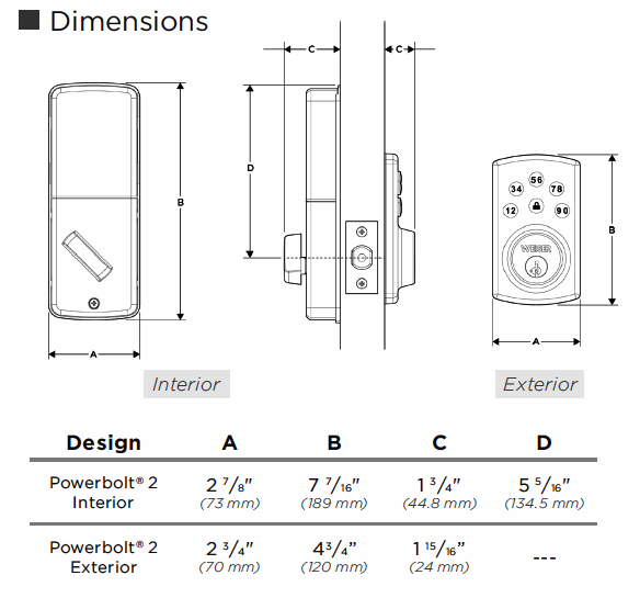 907-2 Powerbolt Keyless Deadbolt Dimensions