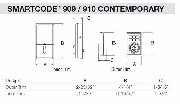 909 / 910 Contemporary SmartCode Deadbolt Dimensions
